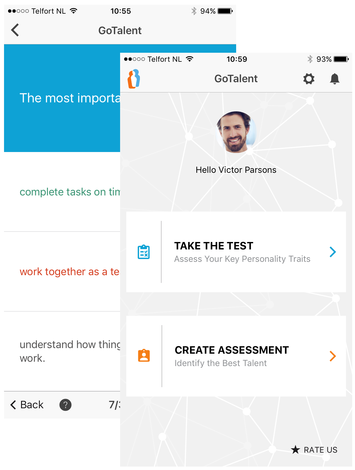GoTalent personality test screens